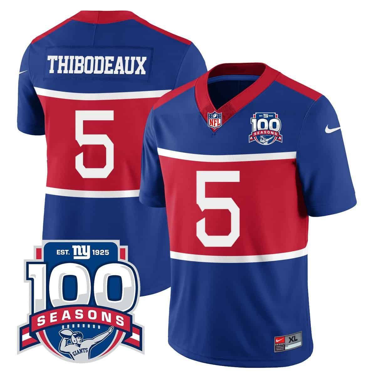 Men New York Giants 5 Thibodeaux 2024 Nike Blue 100TH Season Commemorative Vapor NFL Jersey